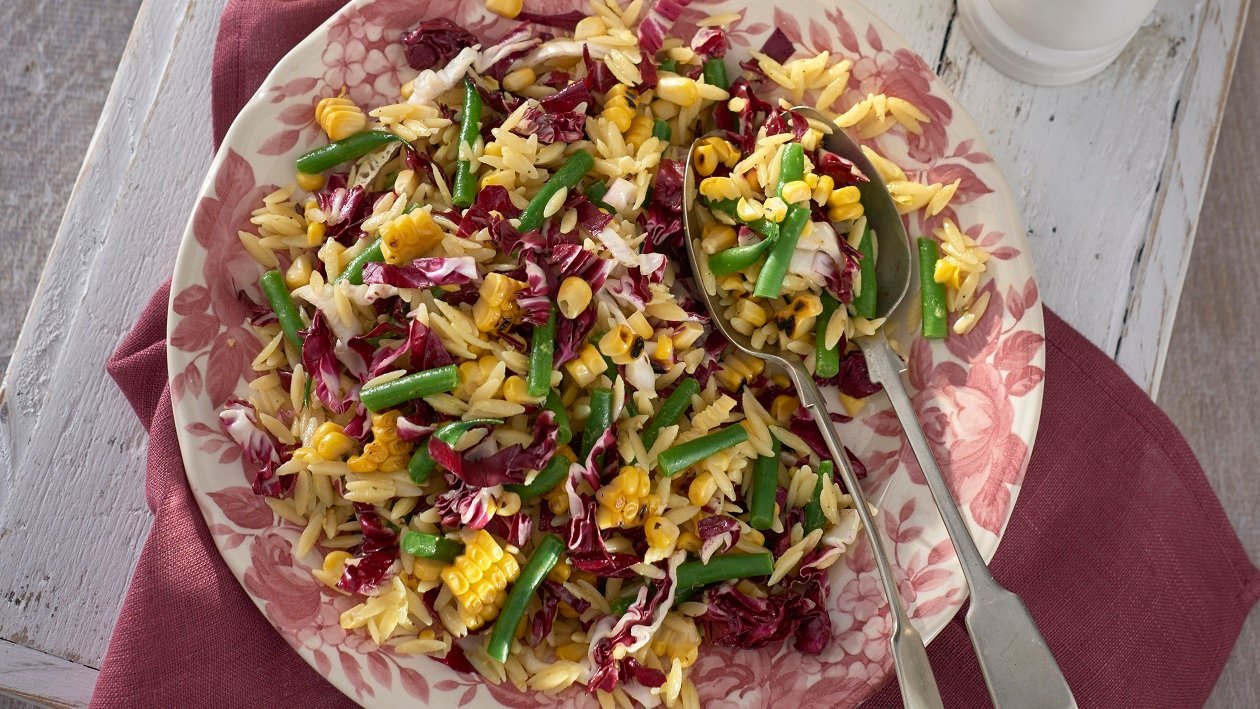 Orzo pasta, radicchio, grilled corn, green bean salad with a sweet mustard dressing
